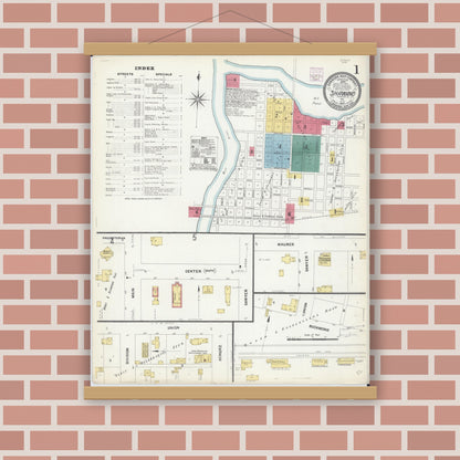 Old map wall art mockup — magnetic wood frame on brick wall — Sanborn Fire Insurance Map from Shawano, Shawano County, Wisconsin (1907), Sheet #0001