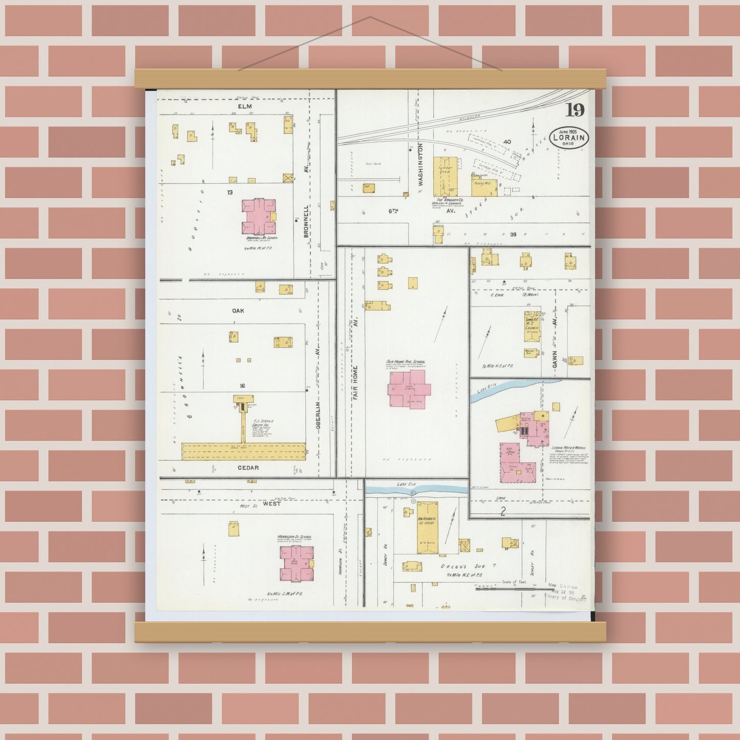 Old map wall art mockup — magnetic wood frame on brick wall — Sanborn Fire Insurance Map from Lorain, Lorain County, Ohio (1905), Sheet #0019