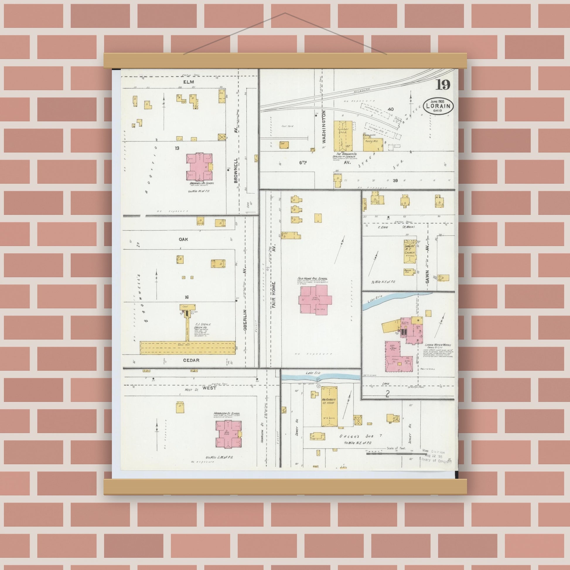 Old map wall art mockup — magnetic wood frame on brick wall — Sanborn Fire Insurance Map from Lorain, Lorain County, Ohio (1905), Sheet #0019