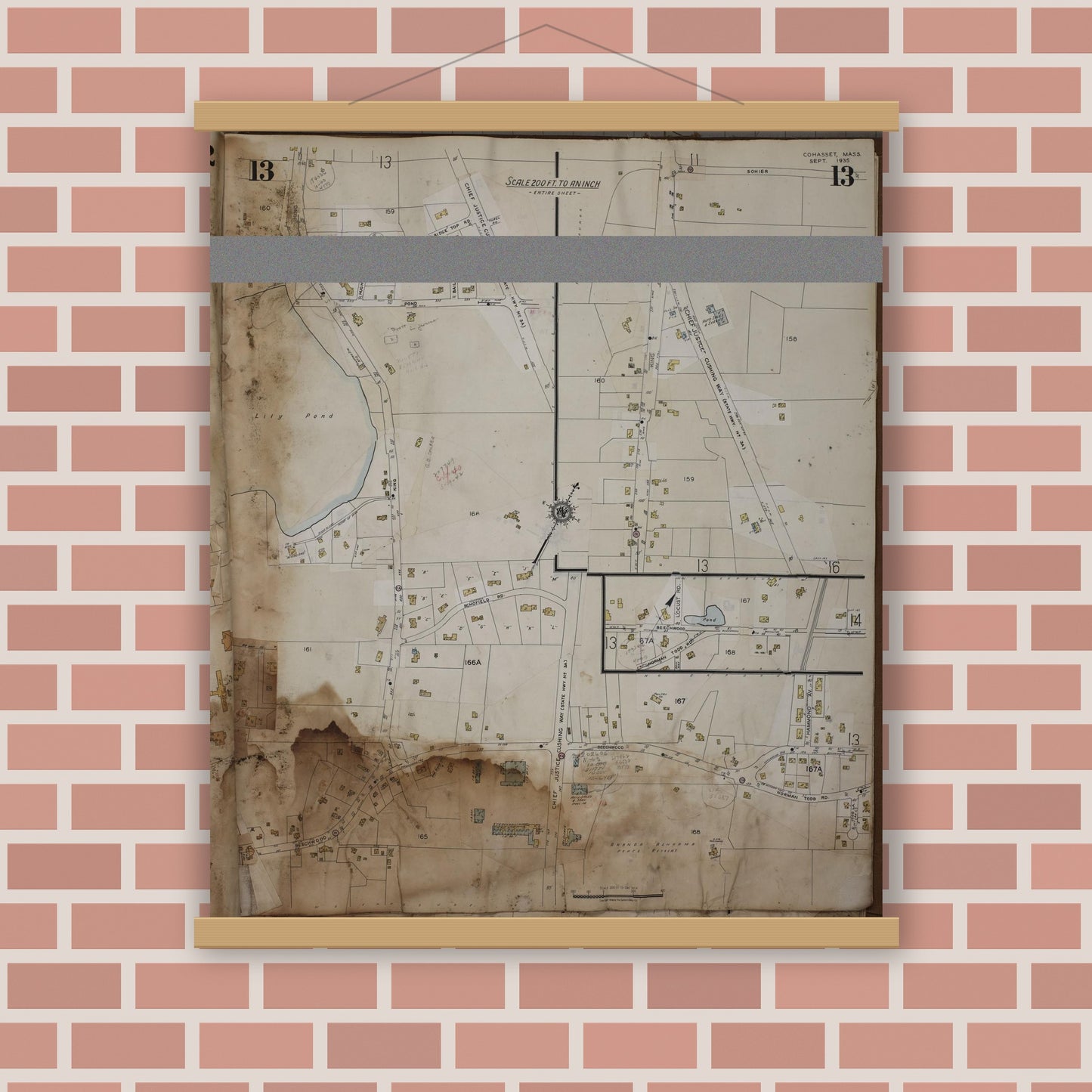 Old map wall art mockup — magnetic wood frame on brick wall — Sanborn Fire Insurance Map from Cohasset, Norfolk County, Massachusetts (1963), Sheet #0013