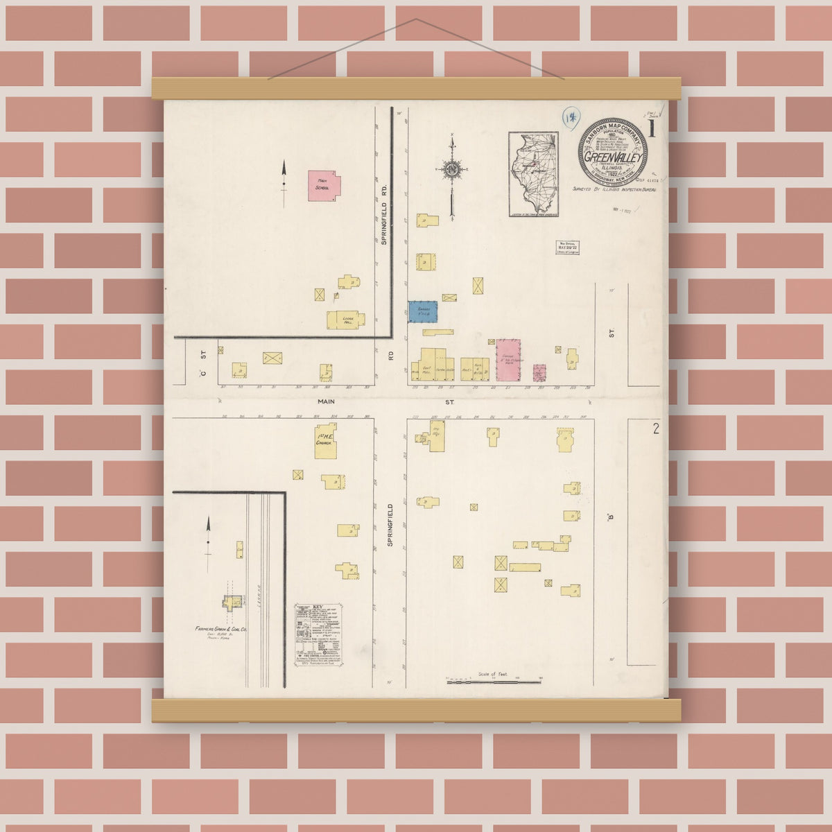 Old map wall art mockup — magnetic wood frame on brick wall — Sanborn Fire Insurance Map from Green Valley, Tazewell County, Illinois (1922) - Complete Map Set
