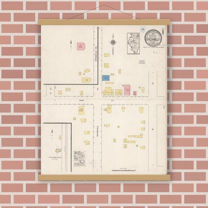 Old map wall art mockup — magnetic wood frame on brick wall — Sanborn Fire Insurance Map from Green Valley, Tazewell County, Illinois (1922) - Complete Map Set