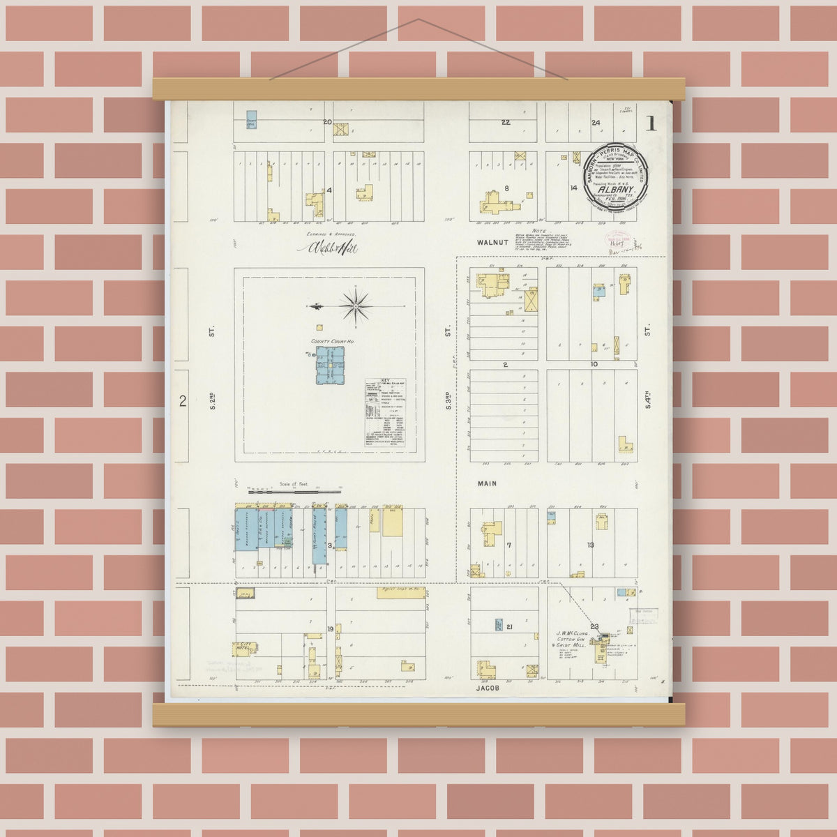 Old map wall art mockup — magnetic wood frame on brick wall — Sanborn Fire Insurance Map from Albany, Shackelford County, Texas (1896) - Complete Map Set