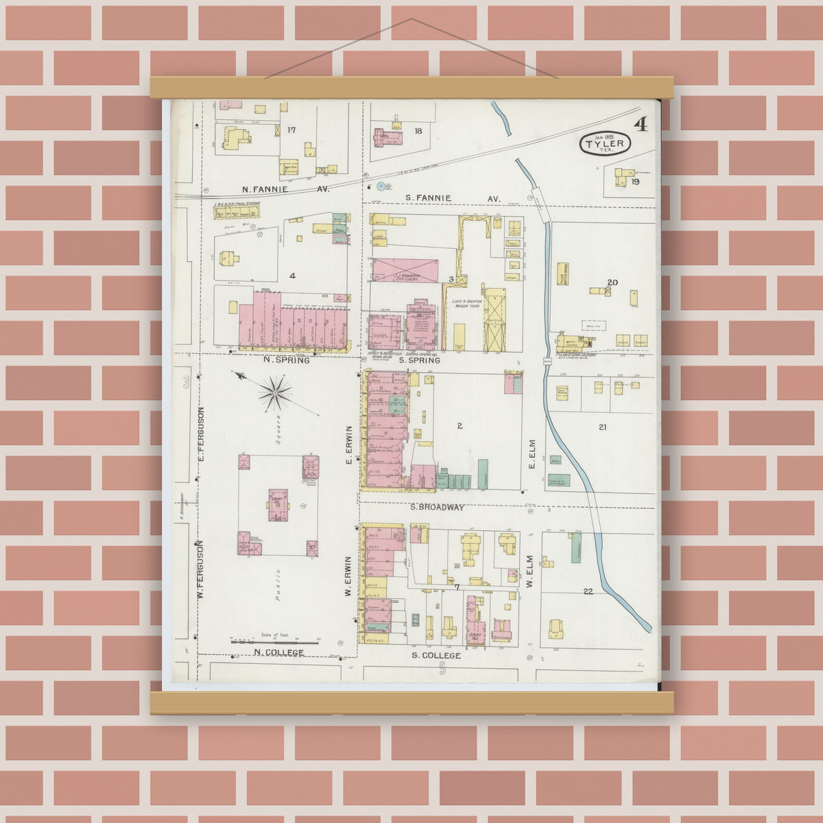 Old map wall art mockup — magnetic wood frame on brick wall — Sanborn Fire Insurance Map from Tyler, Smith County, Texas (1893), Sheet #0004
