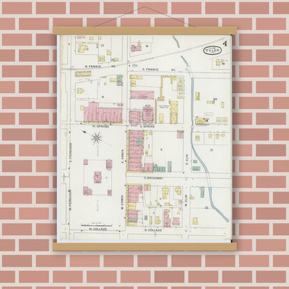 Old map wall art mockup — magnetic wood frame on brick wall — Sanborn Fire Insurance Map from Tyler, Smith County, Texas (1893), Sheet #0004