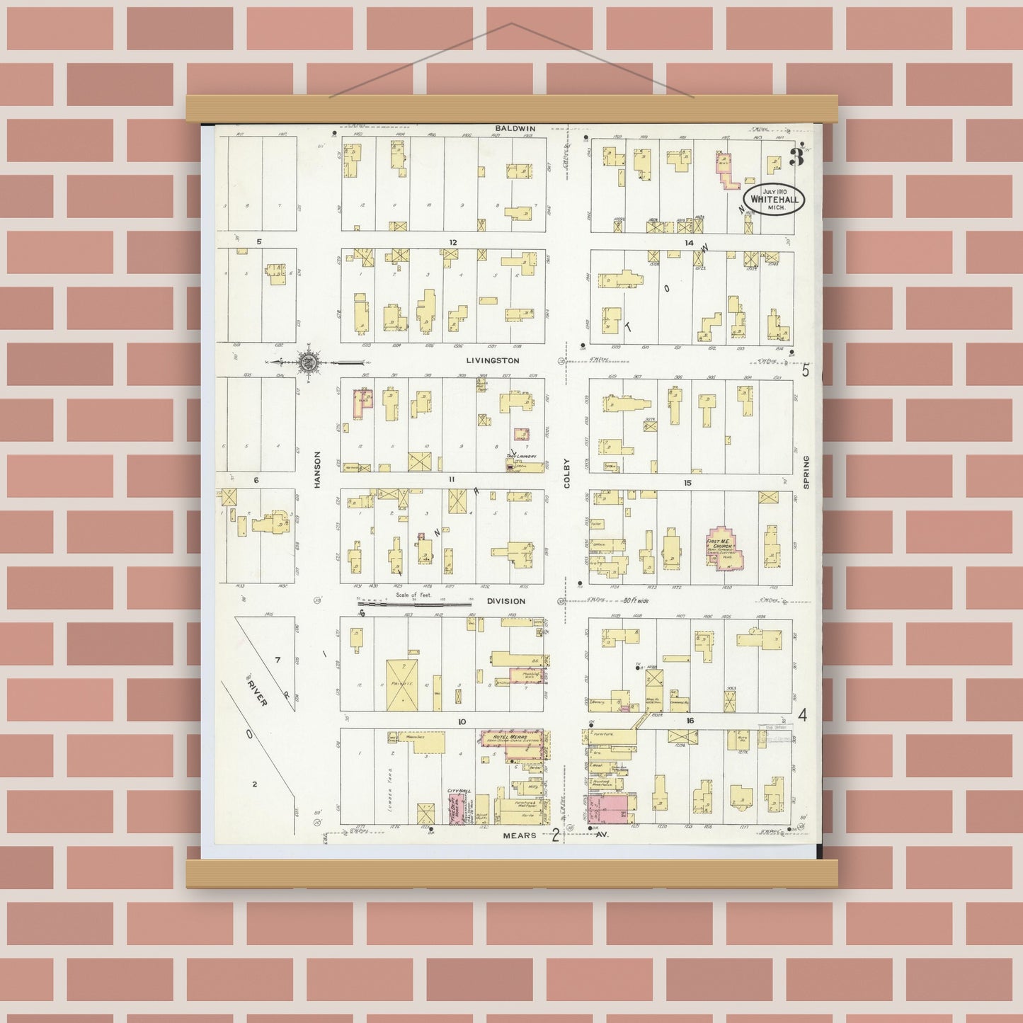 Old map wall art mockup — magnetic wood frame on brick wall — Sanborn Fire Insurance Map from Whitehall, Muskegon County, Michigan (1910), Sheet #0003