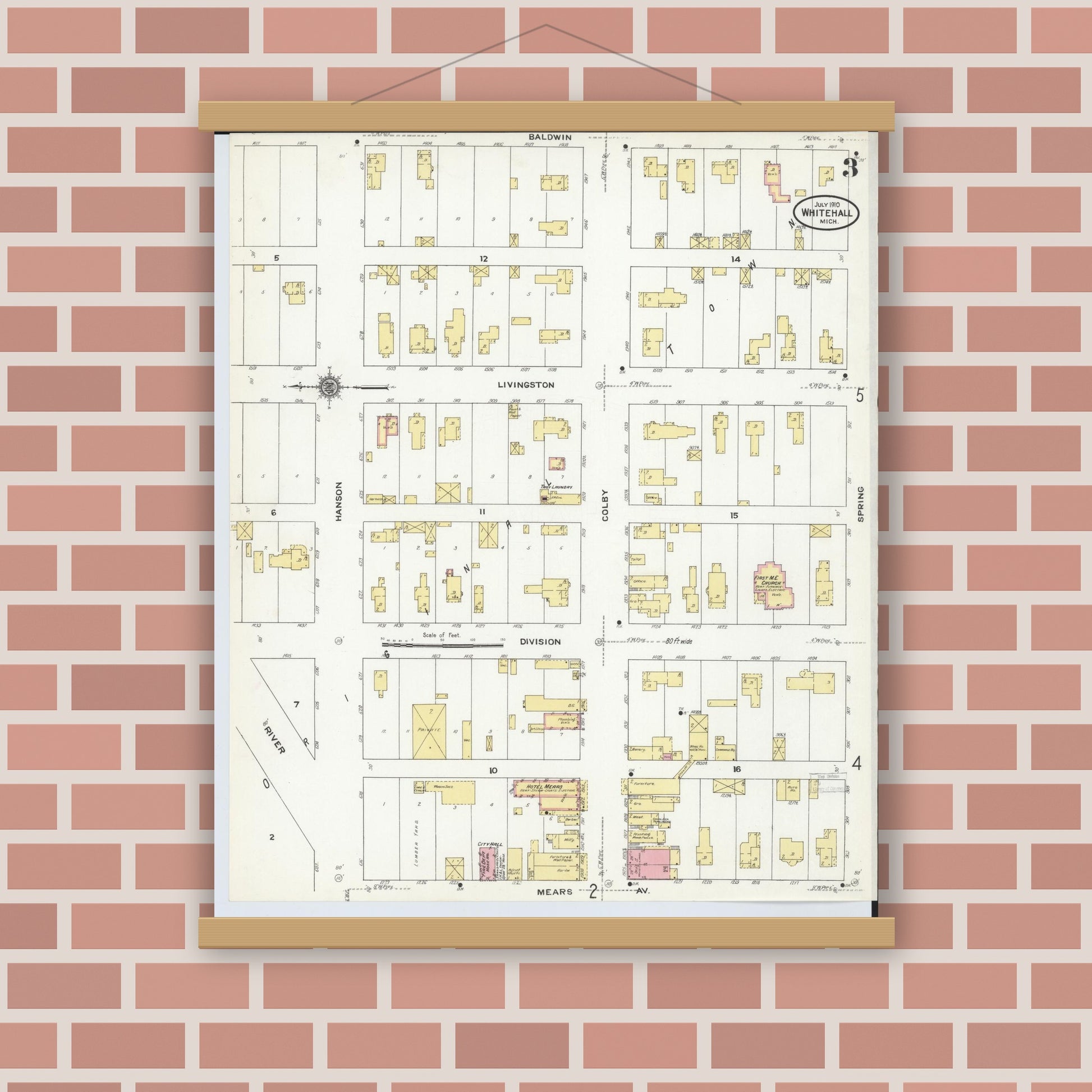 Old map wall art mockup — magnetic wood frame on brick wall — Sanborn Fire Insurance Map from Whitehall, Muskegon County, Michigan (1910), Sheet #0003