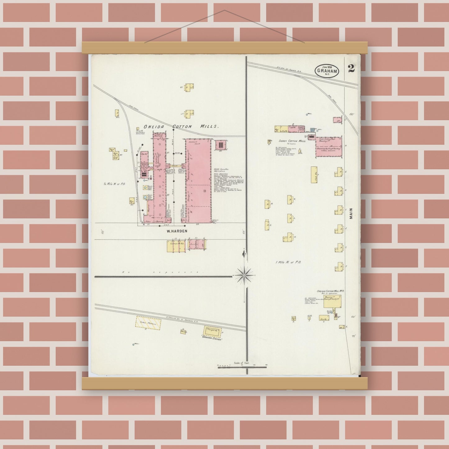 Old map wall art mockup — magnetic wood frame on brick wall — Sanborn Fire Insurance Map from Graham, Alamance County, North Carolina (1898), Sheet #0002