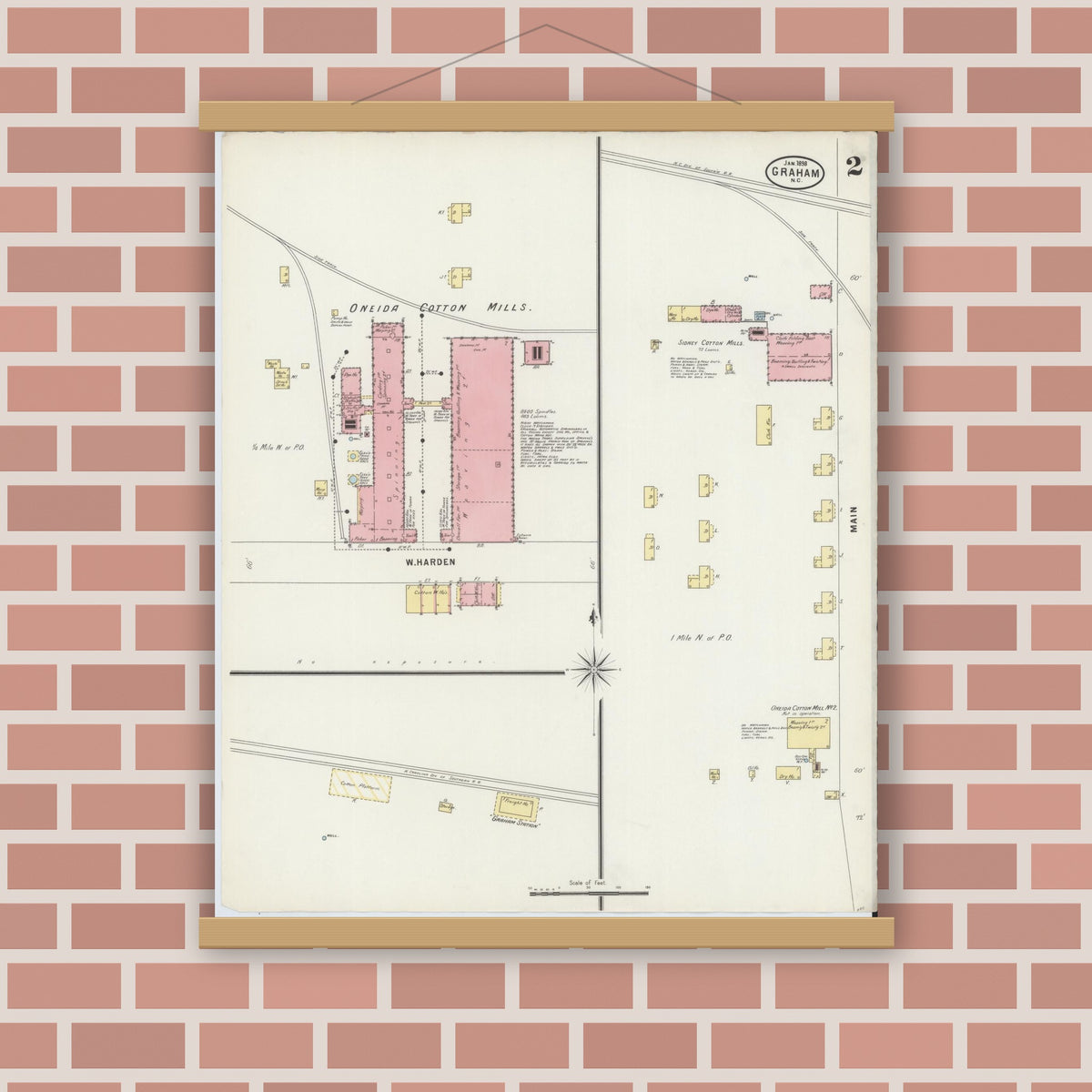 Old map wall art mockup — magnetic wood frame on brick wall — Sanborn Fire Insurance Map from Graham, Alamance County, North Carolina (1898), Sheet #0002