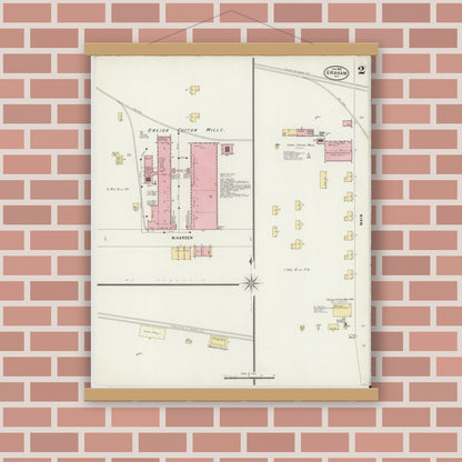 Old map wall art mockup — magnetic wood frame on brick wall — Sanborn Fire Insurance Map from Graham, Alamance County, North Carolina (1898), Sheet #0002