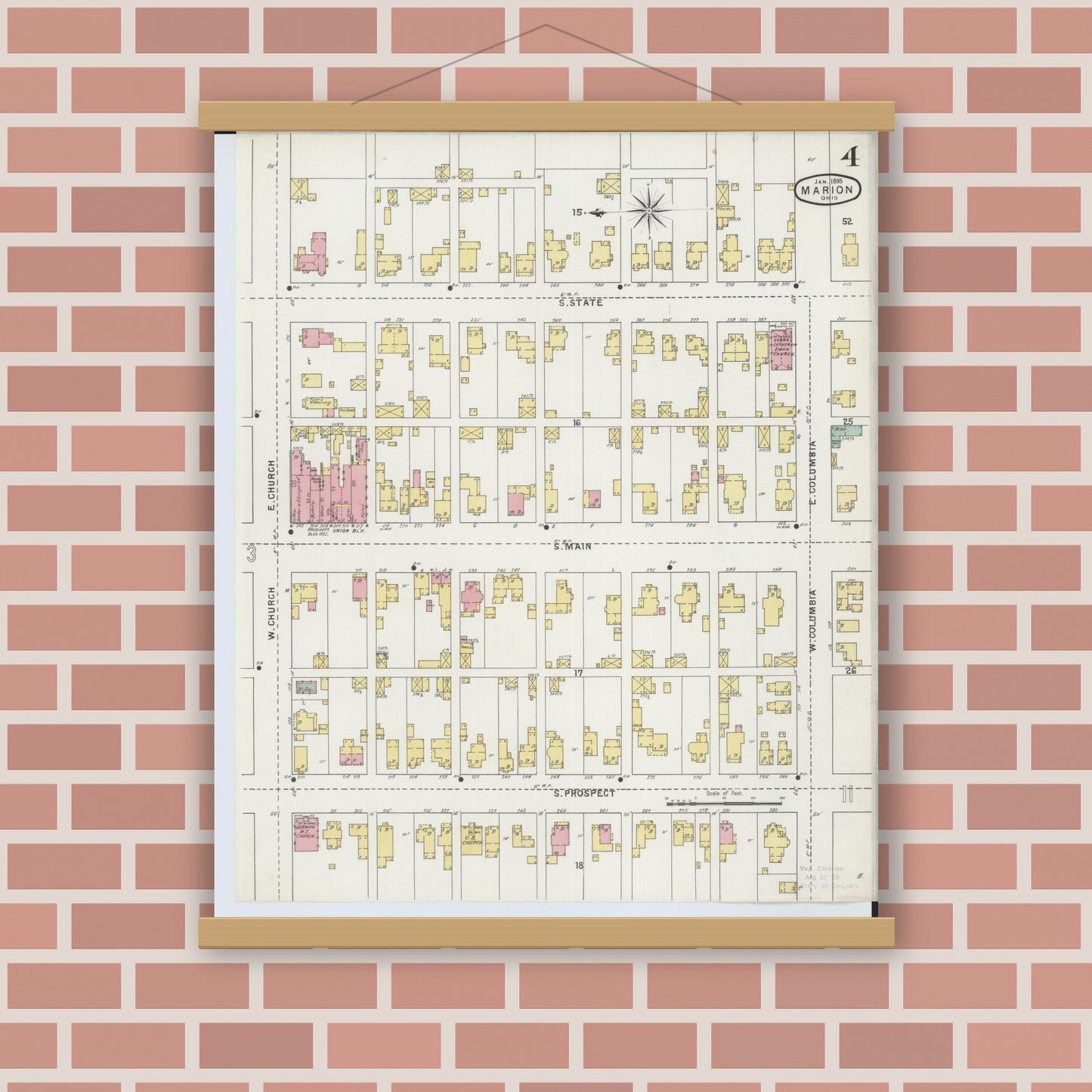 Old map wall art mockup — magnetic wood frame on brick wall — Sanborn Fire Insurance Map from Marion, Marion County, Ohio (1895), Sheet #0004