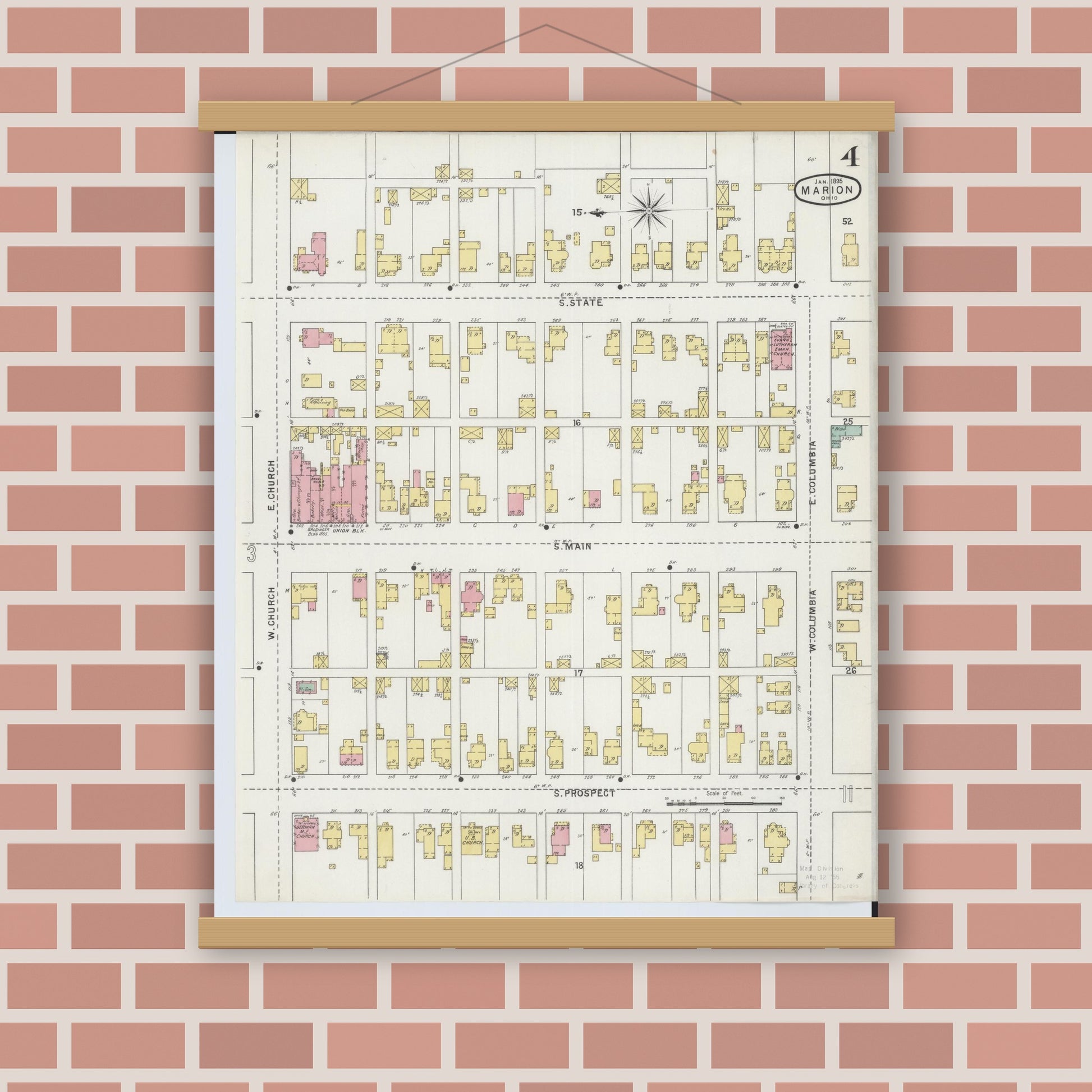 Old map wall art mockup — magnetic wood frame on brick wall — Sanborn Fire Insurance Map from Marion, Marion County, Ohio (1895), Sheet #0004