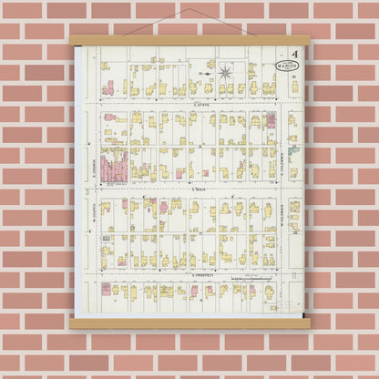 Old map wall art mockup — magnetic wood frame on brick wall — Sanborn Fire Insurance Map from Marion, Marion County, Ohio (1895), Sheet #0004