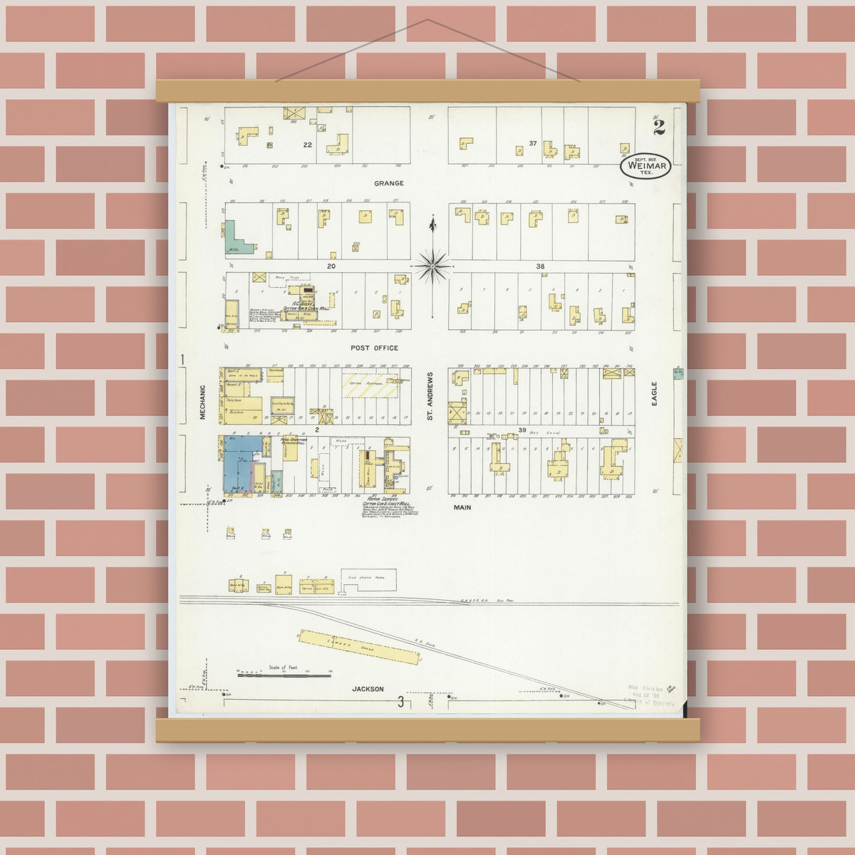 Old map wall art mockup — magnetic wood frame on brick wall — Sanborn Fire Insurance Map from Weimar, Colorado County, Texas (1907), Sheet #0002