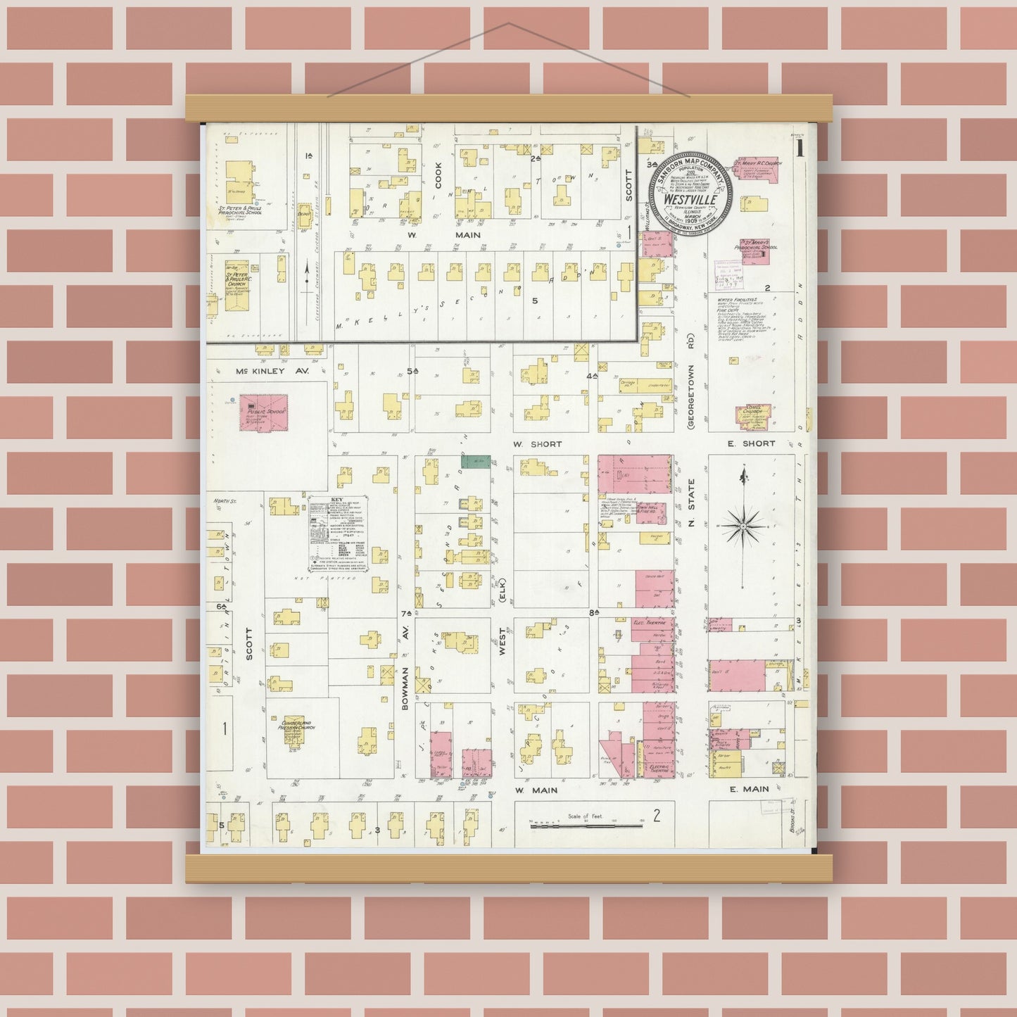 Old map wall art mockup — magnetic wood frame on brick wall — Sanborn Fire Insurance Map from Westville, Vermilion County, Illinois (1909) - Complete Map Set