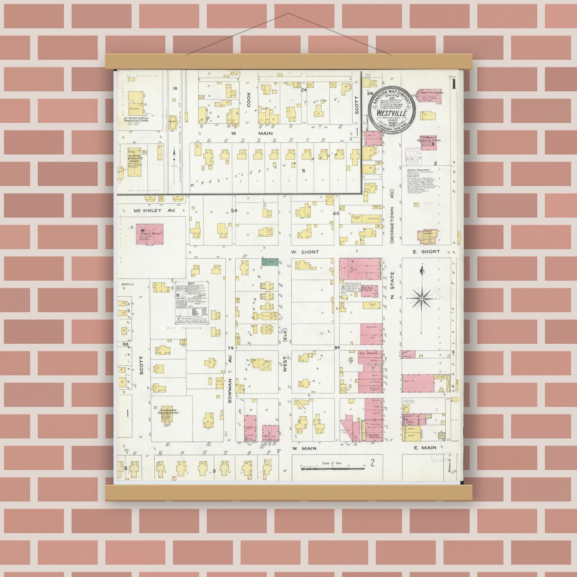 Old map wall art mockup — magnetic wood frame on brick wall — Sanborn Fire Insurance Map from Westville, Vermilion County, Illinois (1909) - Complete Map Set