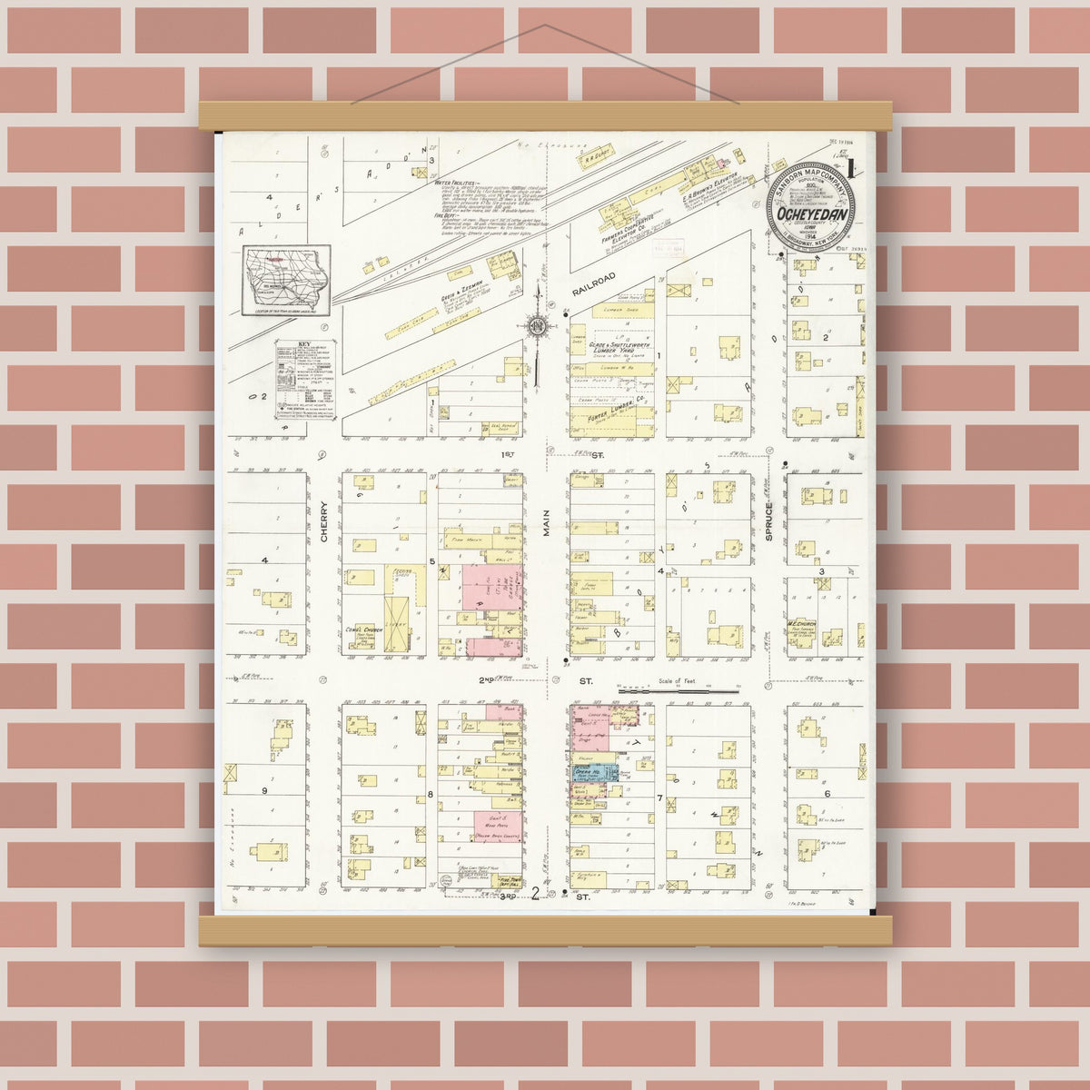 Old map wall art mockup — magnetic wood frame on brick wall — Sanborn Fire Insurance Map from Ocheyedan, Osceola County, Iowa (1914) â€” Complete Set