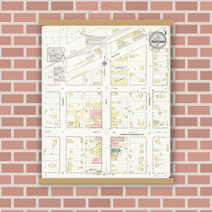 Old map wall art mockup — magnetic wood frame on brick wall — Sanborn Fire Insurance Map from Ocheyedan, Osceola County, Iowa (1914) â€” Complete Set