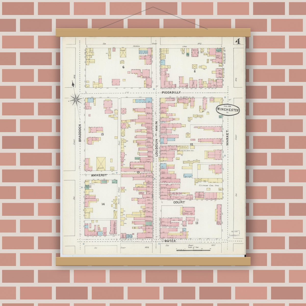 Old map wall art mockup — magnetic wood frame on brick wall — Sanborn Fire Insurance Map from Winchester, Independent Cities, Virginia (1891), Sheet #0004
