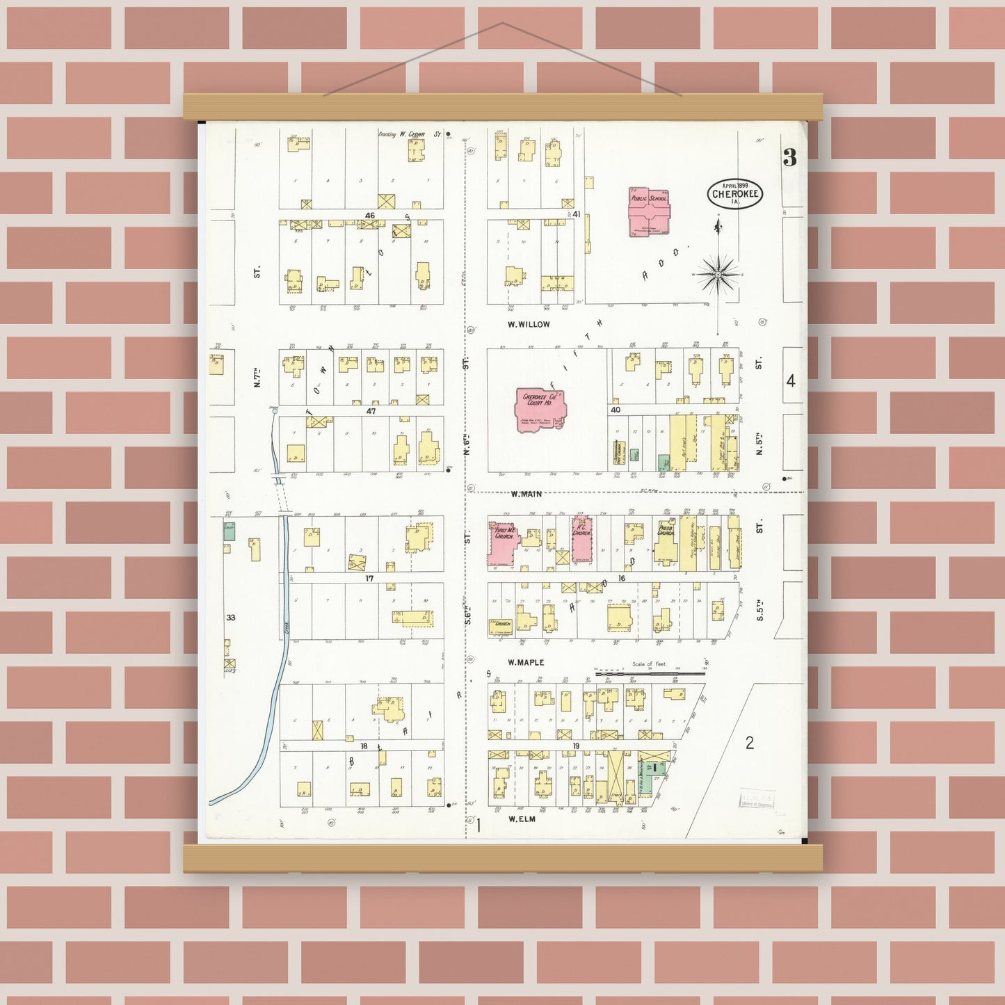 Old map wall art mockup — magnetic wood frame on brick wall — Sanborn Fire Insurance Map from Cherokee, Cherokee County, Iowa (1899), Sheet #0003