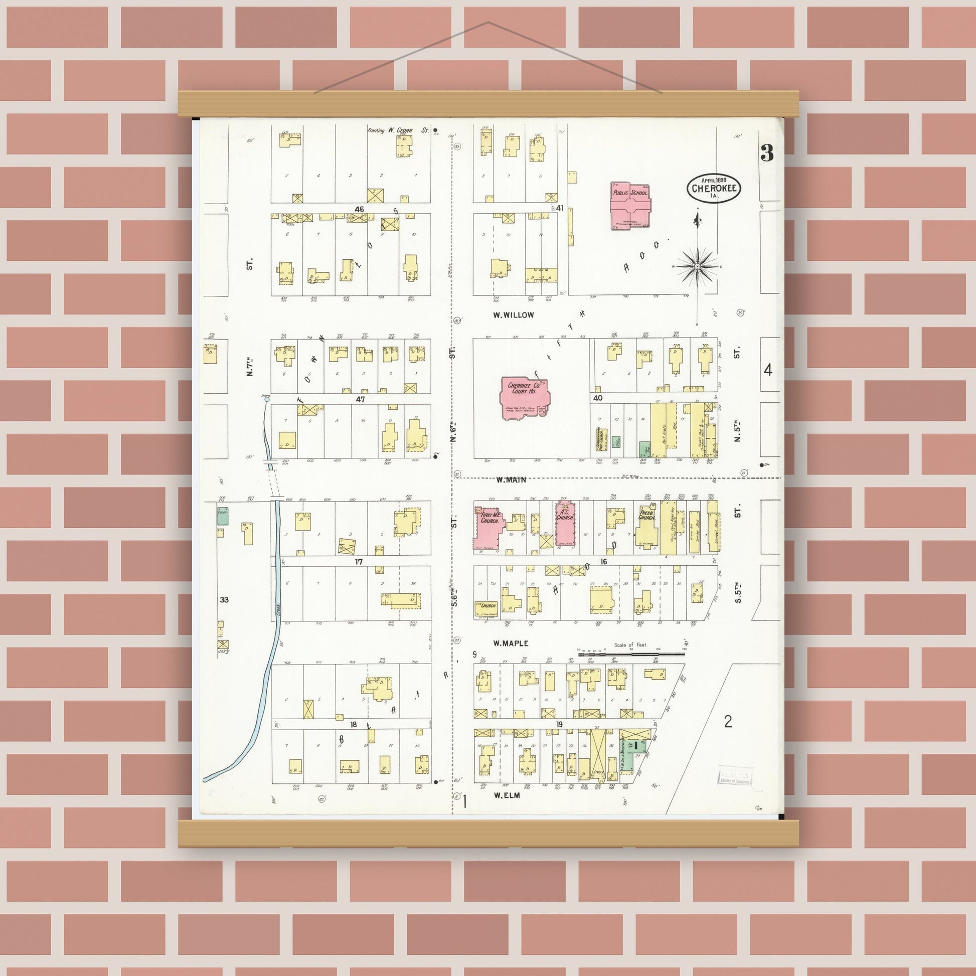 Old map wall art mockup — magnetic wood frame on brick wall — Sanborn Fire Insurance Map from Cherokee, Cherokee County, Iowa (1899), Sheet #0003