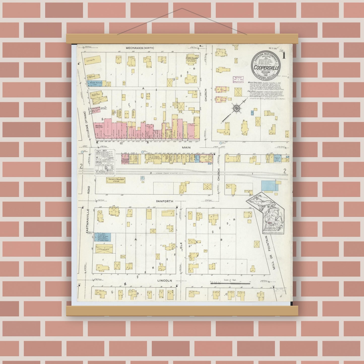 Old map wall art mockup — magnetic wood frame on brick wall — Sanborn Fire Insurance Map from Coopersville, Ottawa County, Michigan (1916) - Complete Map Set
