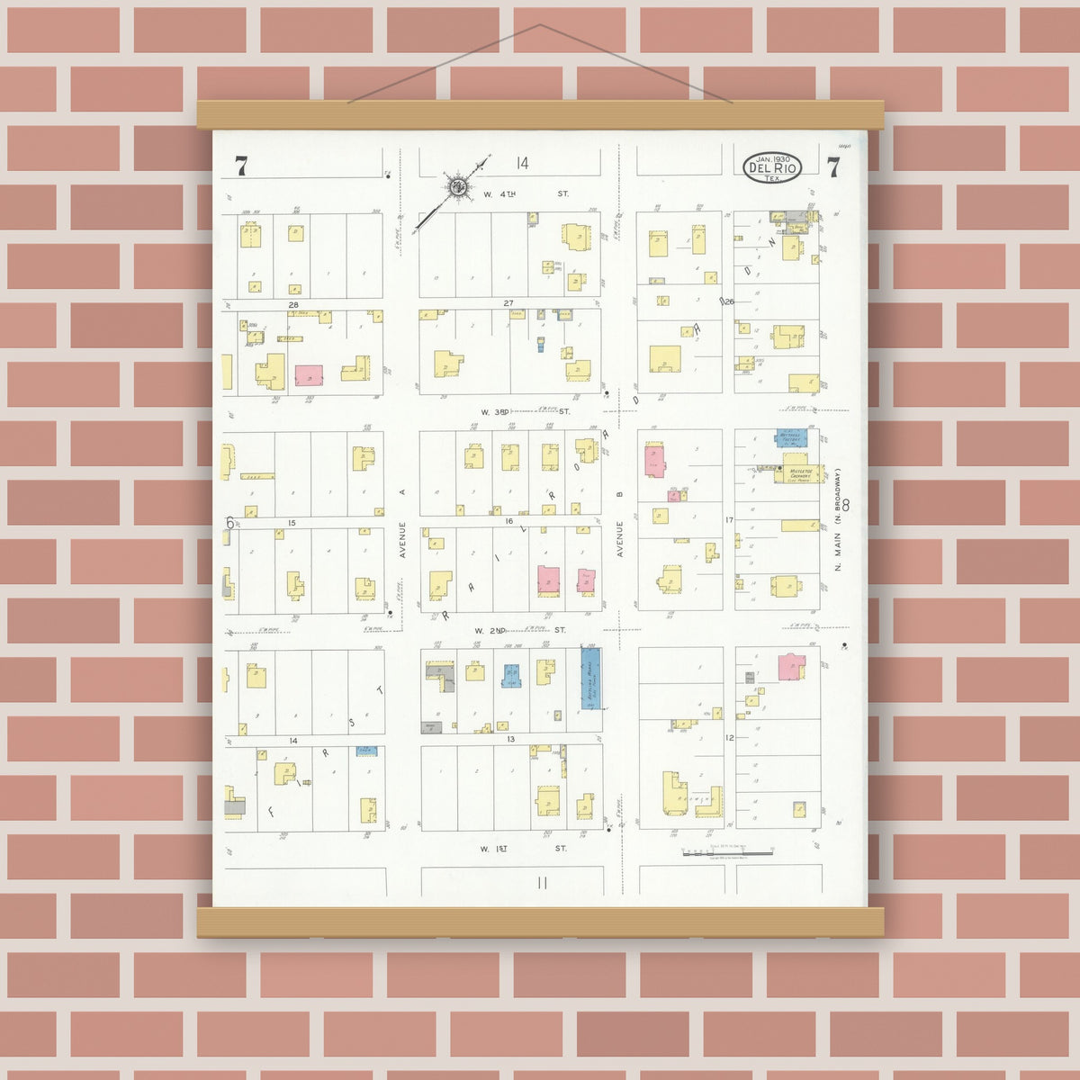 Old map wall art mockup — magnetic wood frame on brick wall — Sanborn Fire Insurance Map from Del Rio, Val Verde County, Texas (1930), Sheet #0007
