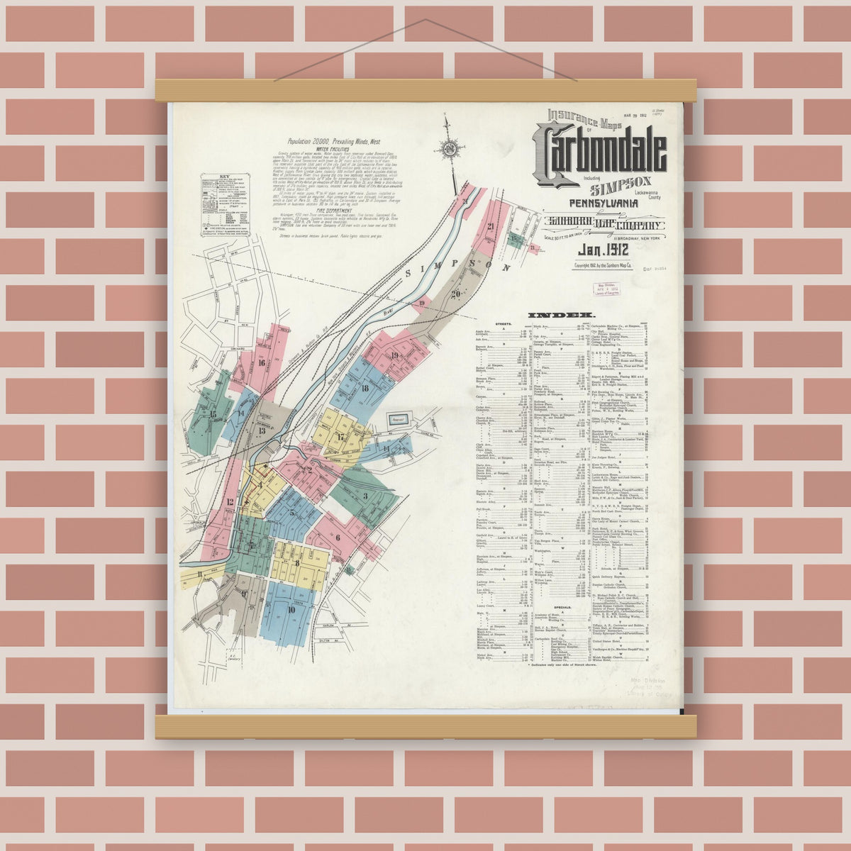 Old map wall art mockup — magnetic wood frame on brick wall — Sanborn Fire Insurance Map from Carbondale, Lackawanna County, Pennsylvania (1912) - Complete Map Set