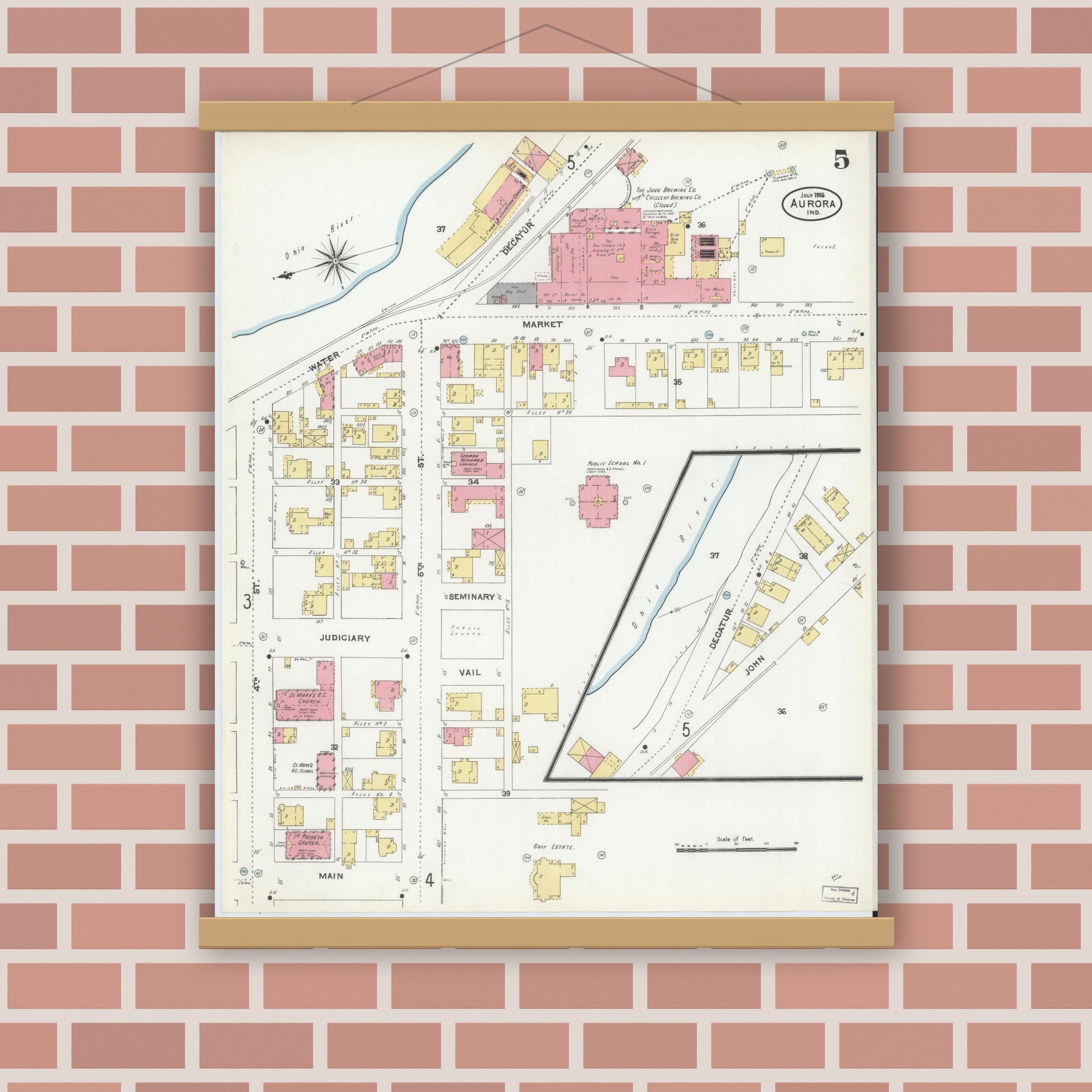 Old map wall art mockup — magnetic wood frame on brick wall — Sanborn Fire Insurance Map from Aurora, Dearborn County, Indiana (1906), Sheet #0005