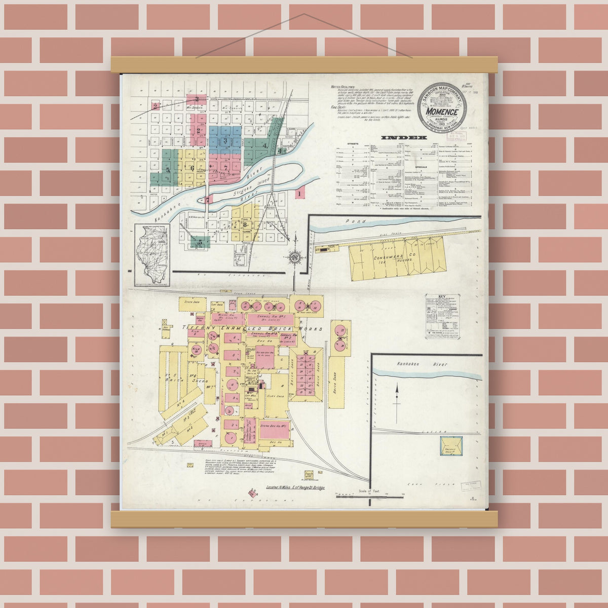 Old map wall art mockup — magnetic wood frame on brick wall — Sanborn Fire Insurance Map from Momence, Kankakee County, Illinois (1913) - Complete Map Set