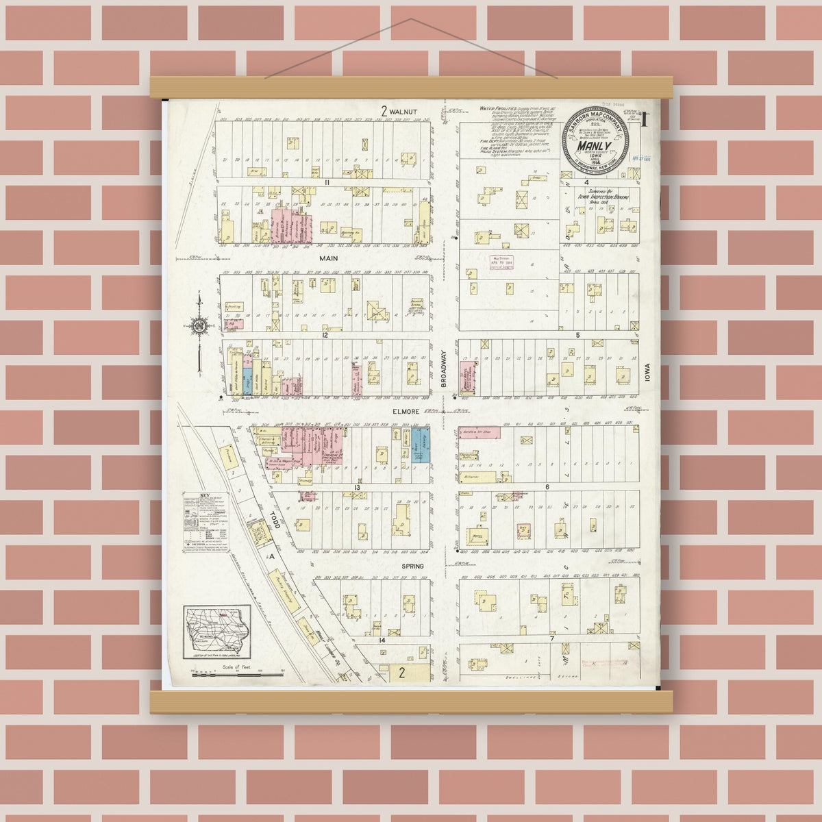 Old map wall art mockup — magnetic wood frame on brick wall — Sanborn Fire Insurance Map from Manly, Worth County, Iowa (1914) â€” Complete Set