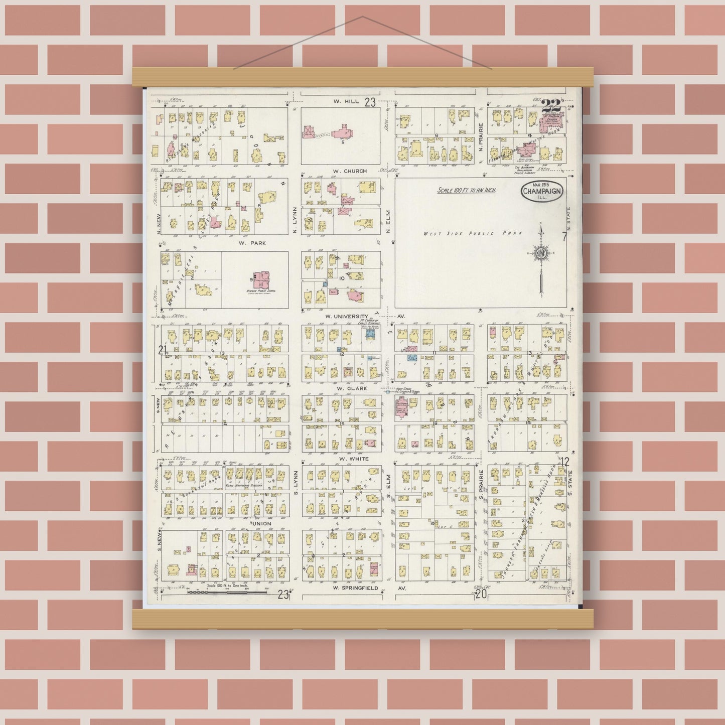 Old map wall art mockup — magnetic wood frame on brick wall — Sanborn Fire Insurance Map from Champaign, Champaign County, Illinois (1915), Sheet #0022