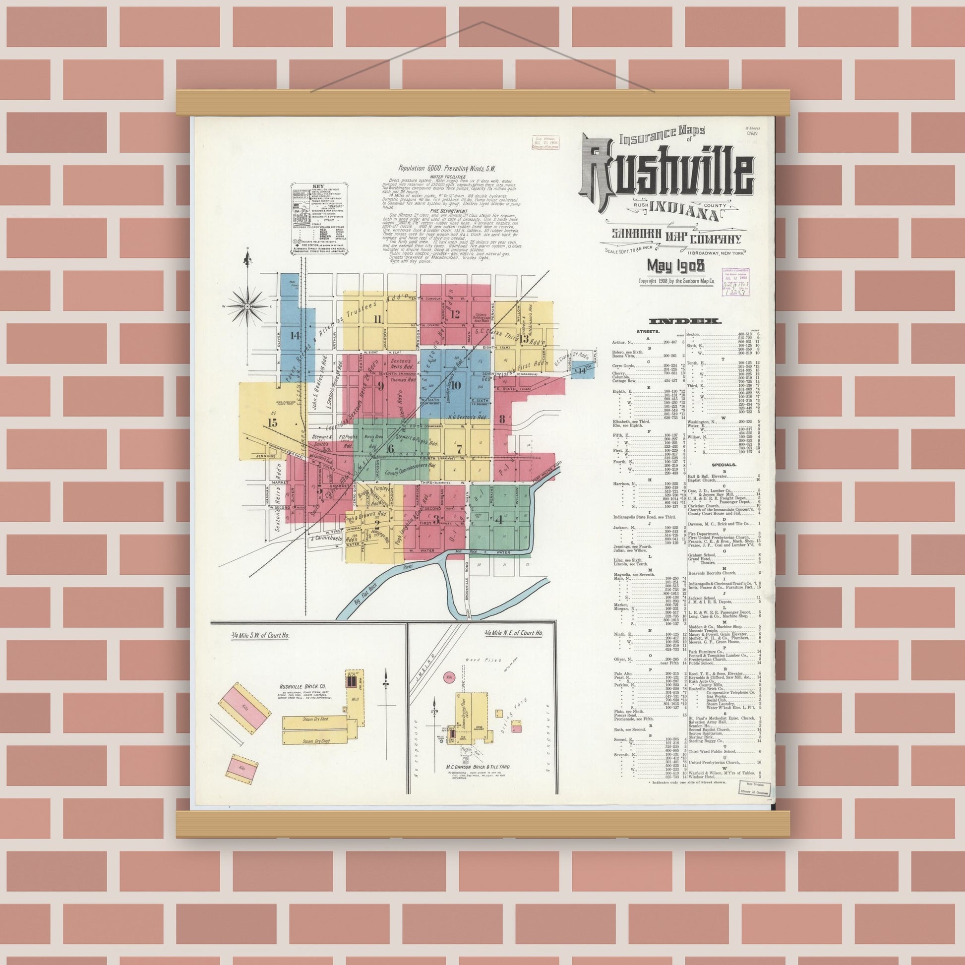 Old map wall art mockup — magnetic wood frame on brick wall — Sanborn Fire Insurance Map from Rushville, Rush County, Indiana (1908) - Complete Map Set