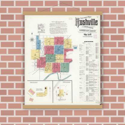 Old map wall art mockup — magnetic wood frame on brick wall — Sanborn Fire Insurance Map from Rushville, Rush County, Indiana (1908) - Complete Map Set