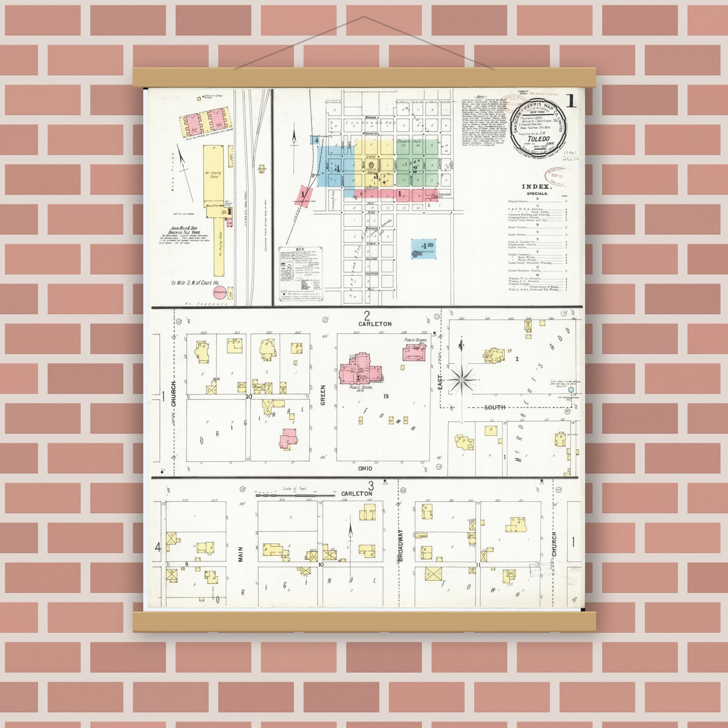 Old map wall art mockup — magnetic wood frame on brick wall — Sanborn Fire Insurance Map from Toledo, Tama County, Iowa (1899) â€” Complete Set