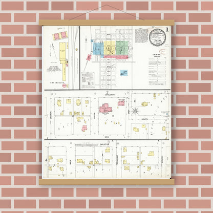 Old map wall art mockup — magnetic wood frame on brick wall — Sanborn Fire Insurance Map from Toledo, Tama County, Iowa (1899) â€” Complete Set