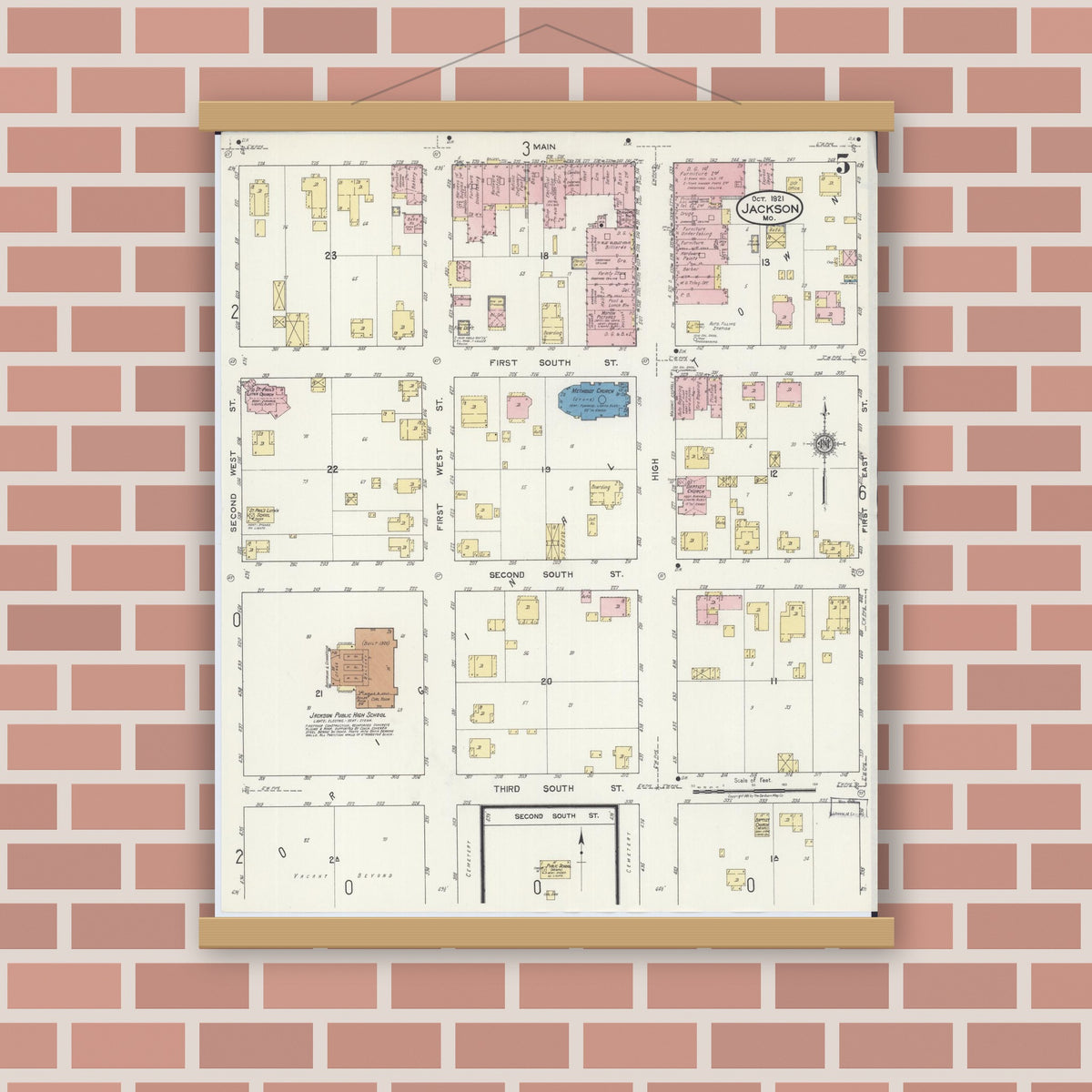 Old map wall art mockup — magnetic wood frame on brick wall — Sanborn Fire Insurance Map from Jackson, Cape Girardeau County, Missouri (1921), Sheet #0005