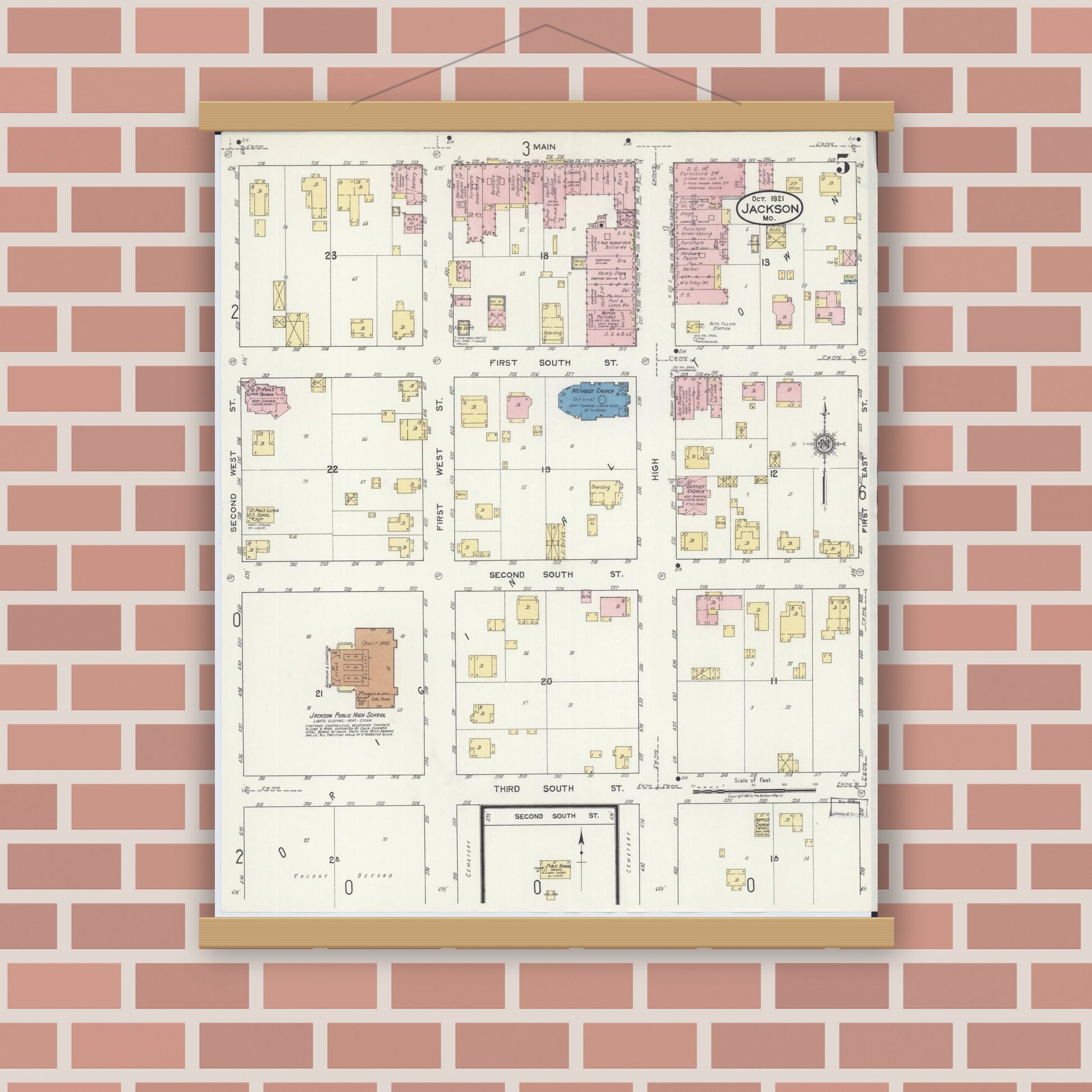 Old map wall art mockup — magnetic wood frame on brick wall — Sanborn Fire Insurance Map from Jackson, Cape Girardeau County, Missouri (1921), Sheet #0005