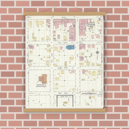 Old map wall art mockup — magnetic wood frame on brick wall — Sanborn Fire Insurance Map from Jackson, Cape Girardeau County, Missouri (1921), Sheet #0005
