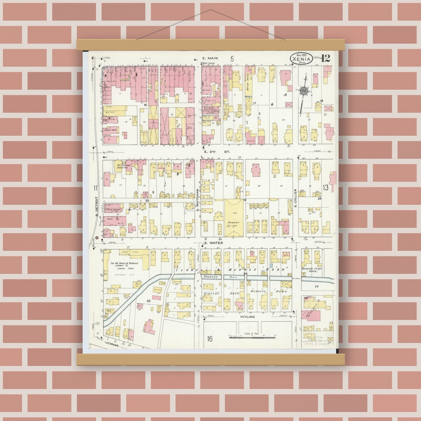 Old map wall art mockup — magnetic wood frame on brick wall — Sanborn Fire Insurance Map from Xenia, Greene County, Ohio (1910), Sheet #0012