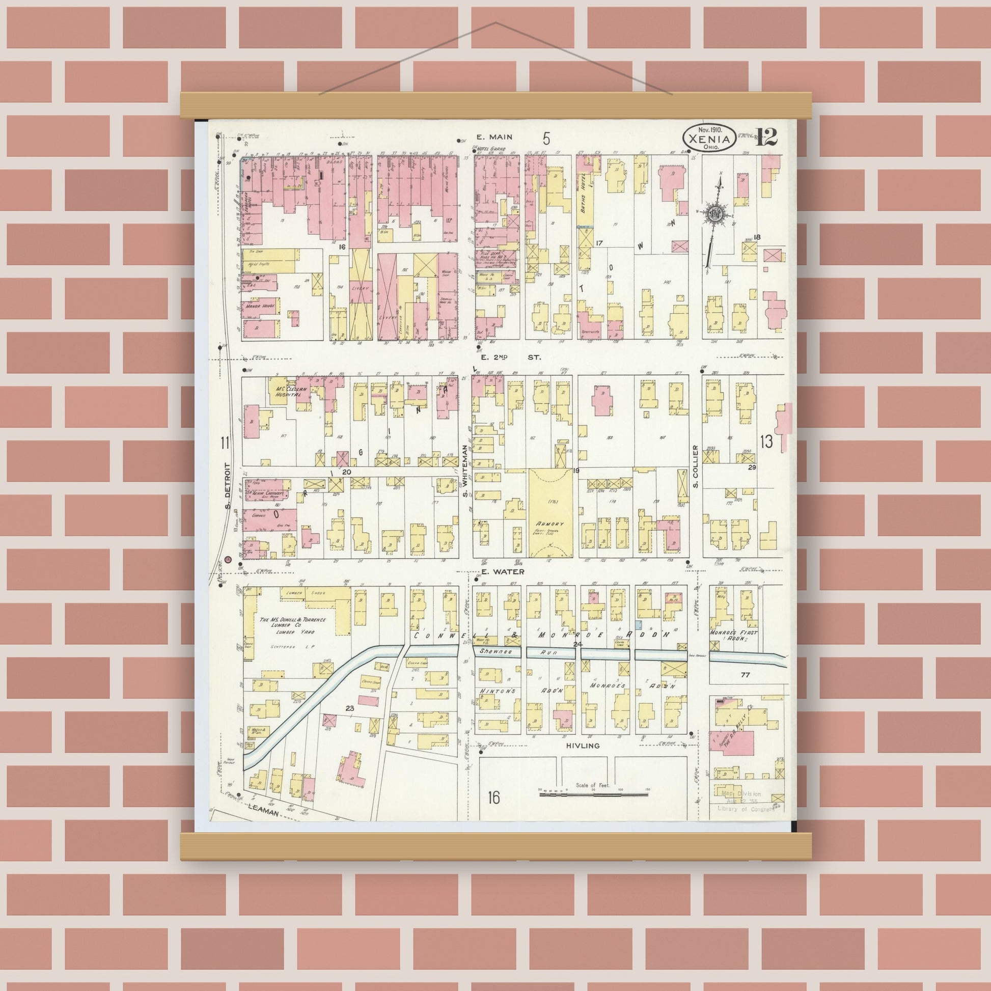 Old map wall art mockup — magnetic wood frame on brick wall — Sanborn Fire Insurance Map from Xenia, Greene County, Ohio (1910), Sheet #0012