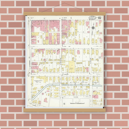 Old map wall art mockup — magnetic wood frame on brick wall — Sanborn Fire Insurance Map from Xenia, Greene County, Ohio (1910), Sheet #0012