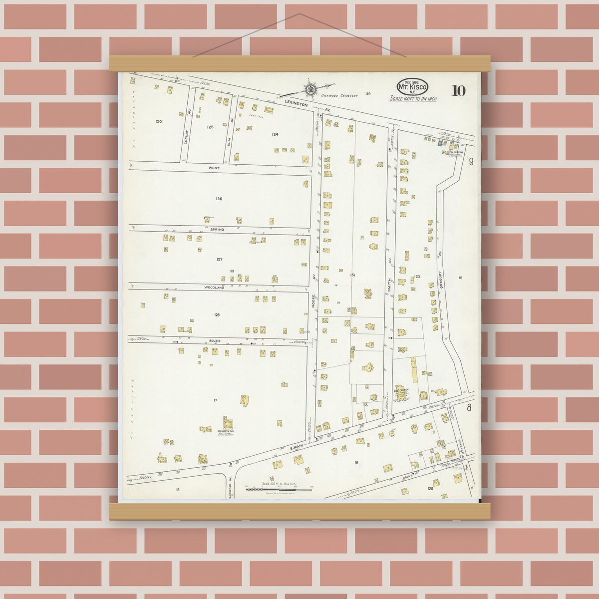 Old map wall art mockup — magnetic wood frame on brick wall — Sanborn Fire Insurance Map from Mount Kisco, Westchester County, New York (1916), Sheet #0010