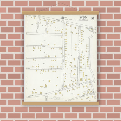 Old map wall art mockup — magnetic wood frame on brick wall — Sanborn Fire Insurance Map from Mount Kisco, Westchester County, New York (1916), Sheet #0010