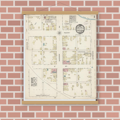 Old map wall art mockup — magnetic wood frame on brick wall — Sanborn Fire Insurance Map from Port Clinton, Ottawa County, Ohio (1884), Sheet #0001