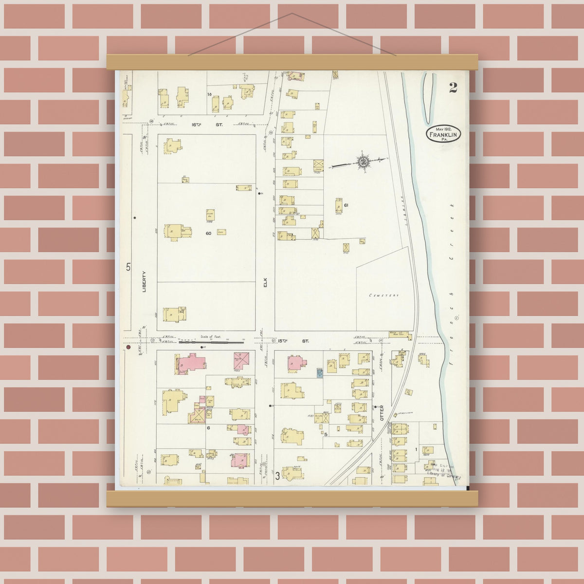Old map wall art mockup — magnetic wood frame on brick wall — Sanborn Fire Insurance Map from Franklin, Venango County, Pennsylvania (1912), Sheet #0002