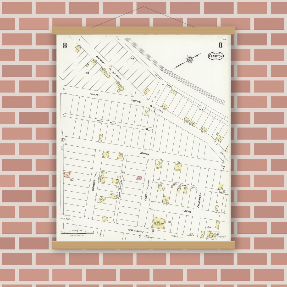 Old map wall art mockup — magnetic wood frame on brick wall — Sanborn Fire Insurance Map from Clairton, Allegheny County, Pennsylvania (1924), Sheet #0008