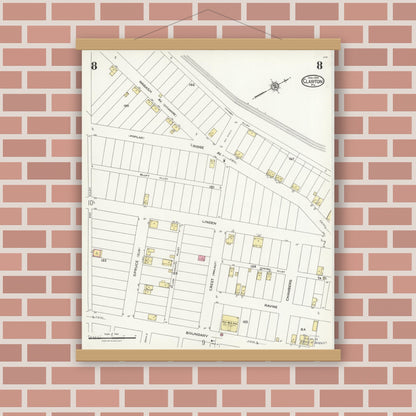 Old map wall art mockup — magnetic wood frame on brick wall — Sanborn Fire Insurance Map from Clairton, Allegheny County, Pennsylvania (1924), Sheet #0008