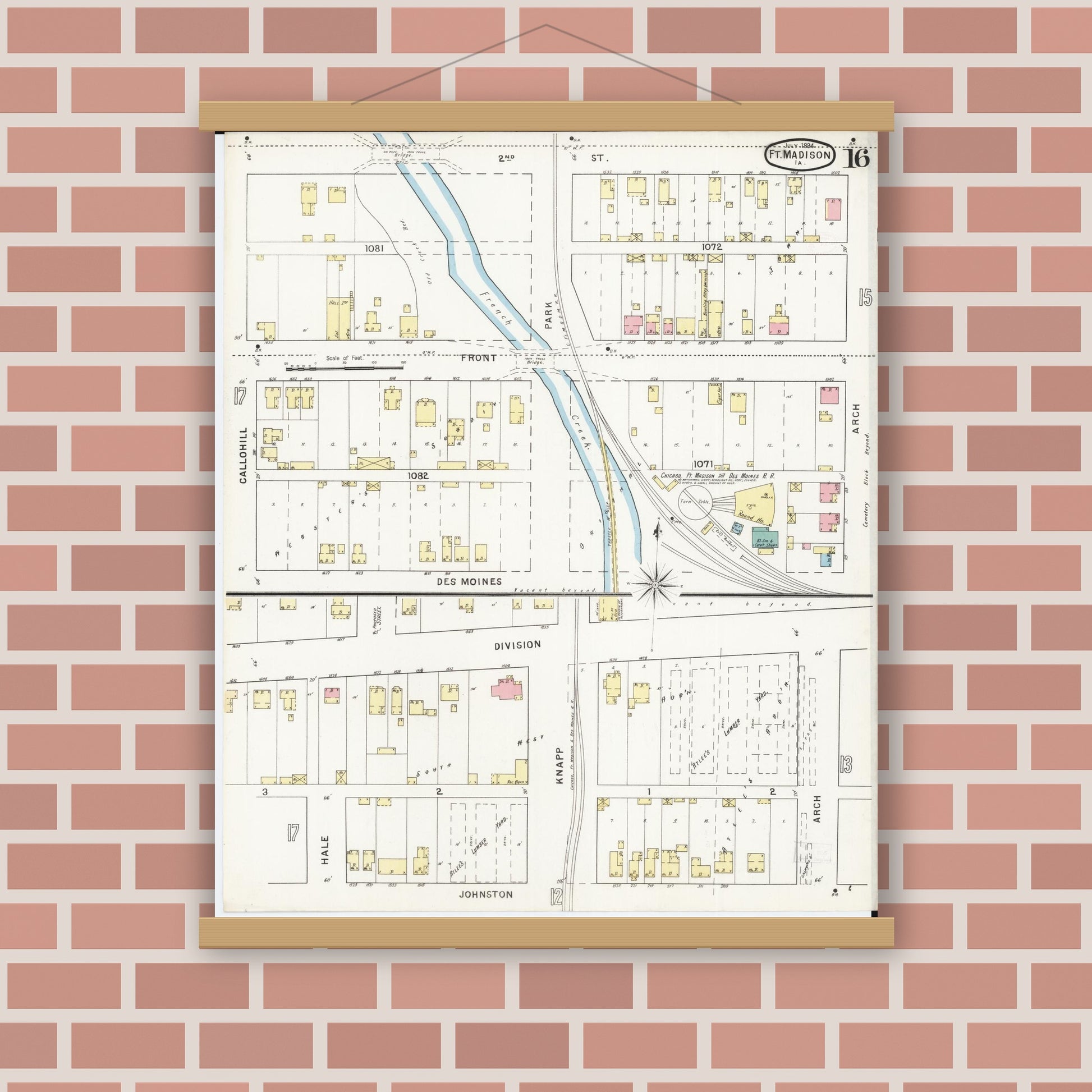 Old map wall art mockup — magnetic wood frame on brick wall — Sanborn Fire Insurance Map from Fort Madison, Lee County, Iowa (1894), Sheet #0016