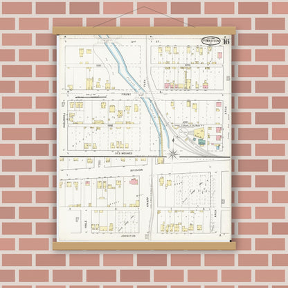 Old map wall art mockup — magnetic wood frame on brick wall — Sanborn Fire Insurance Map from Fort Madison, Lee County, Iowa (1894), Sheet #0016